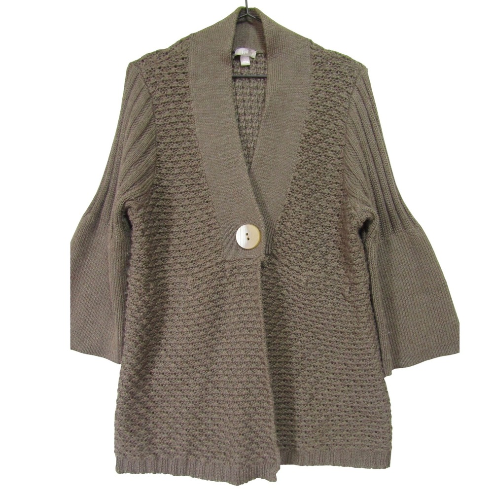 J. Jill Cardigan Sweater Womens L Brown Good Textured Knit‎ Shawl Collar Button